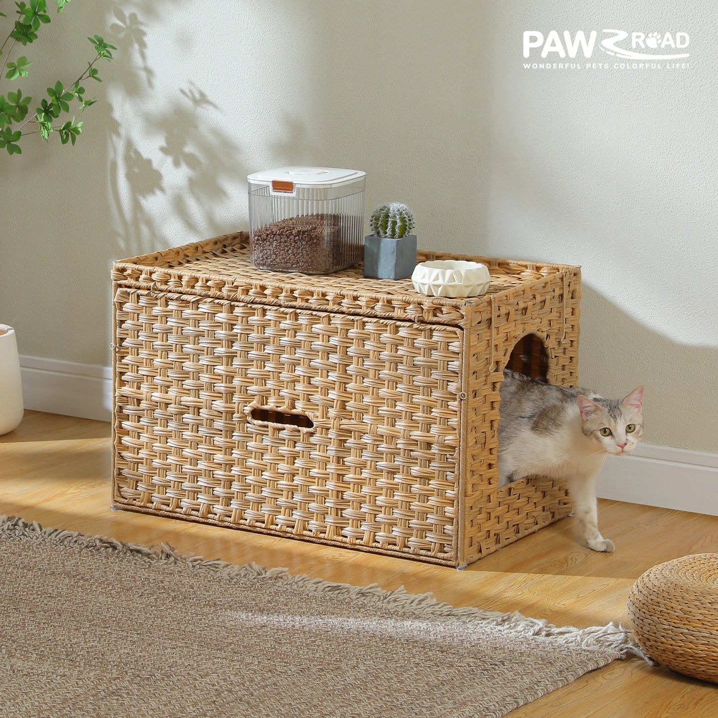 Rattan Cat Litter Box Enclosure for Living Room Handwoven Hidden Litter Box Furniture with Door Cat House Cabinet for Large Cats