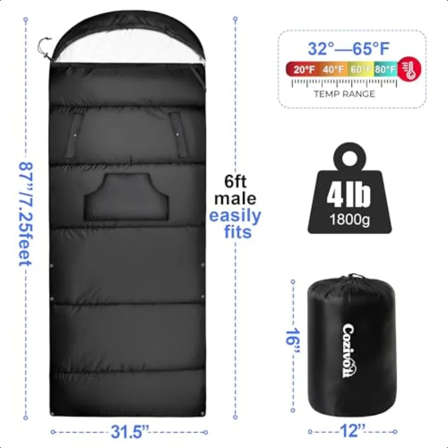 Adjustable Height Sleeping Bag for Adults Wearable 3Season Lightweight Waterproof with Arm Ports Windproof Hood Design for Camp