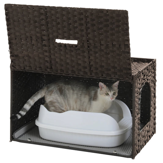 Cat Litter Box Enclosure Furniture with Door Hidden Litter Box Handwoven Rattan Cat House Bed for Large Cats Indoor Living Room