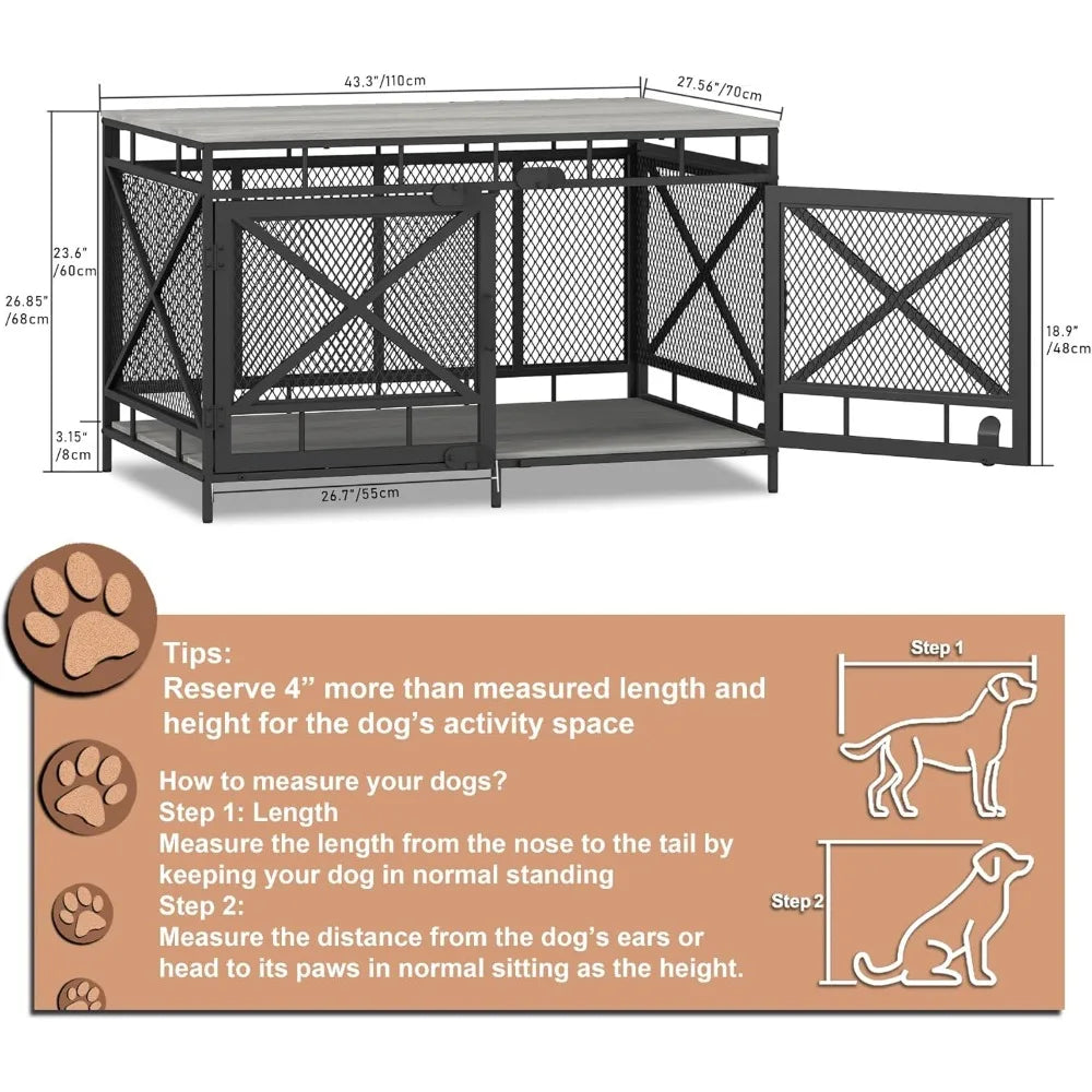Dog Crate Furniture, Dog Kennel for Small Medium Large Breed, Heavy Duty 43" Large Corner Dog Crate, Indoor Pet Cage with Side D