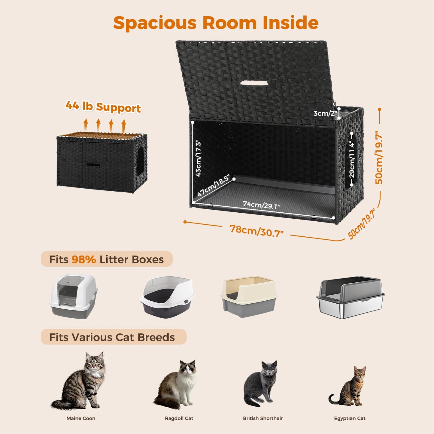 Rattan Cat Litter Box Enclosure for Living Room Handwoven Hidden Litter Box Furniture with Door Cat House Cabinet for Large Cats
