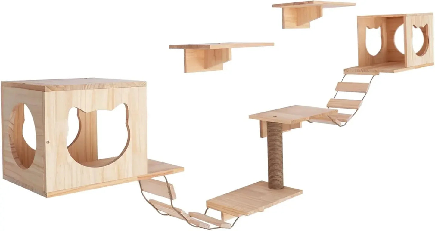 Wall-Mounted Cat Tree Climbing Furniture Set Indoor Wall Shelf Cat House Includes 2 Litters 4 Sets 2 Ladders 1 Column
