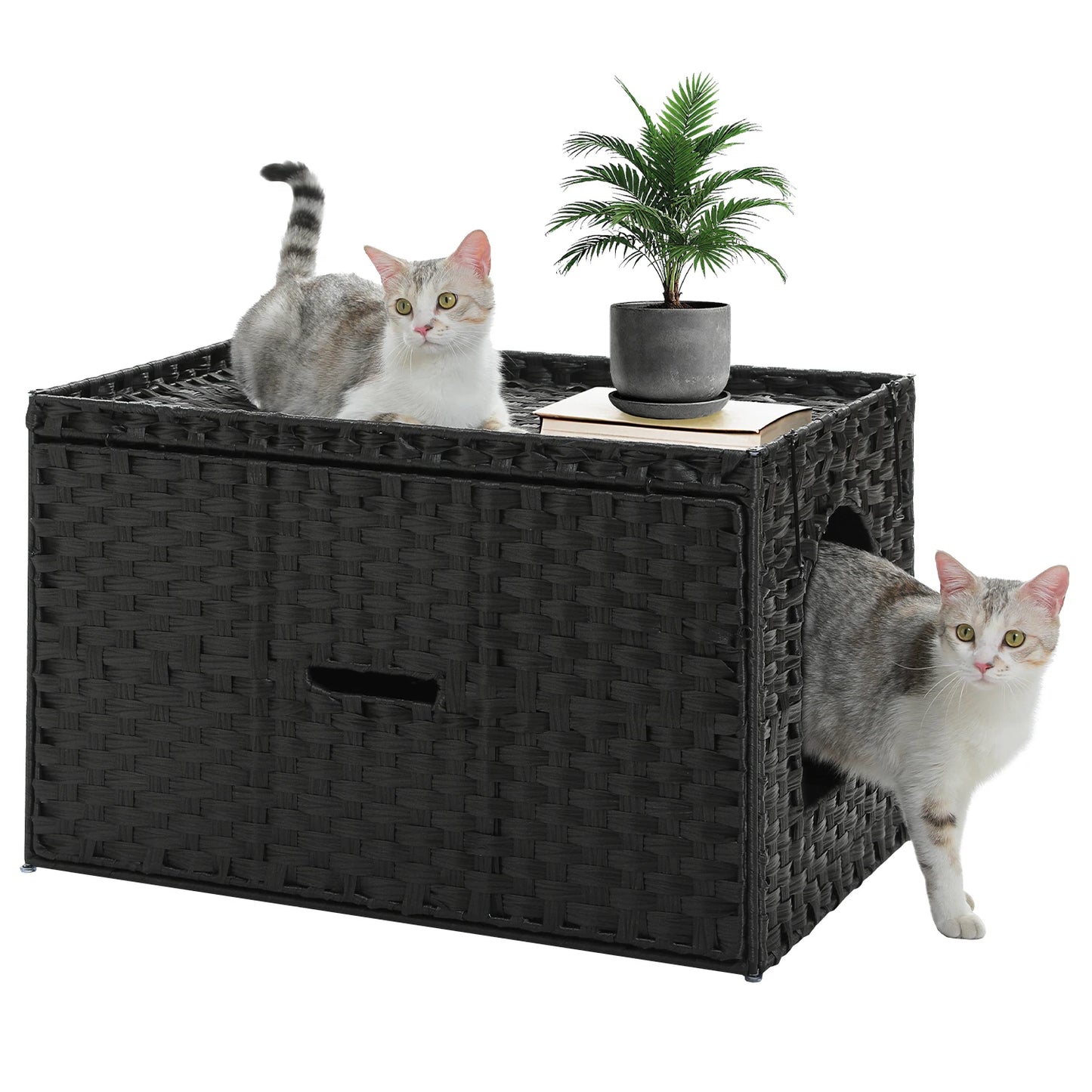 Rattan Cat Litter Box Enclosure for Living Room Handwoven Hidden Litter Box Furniture with Door Cat House Cabinet for Large Cats