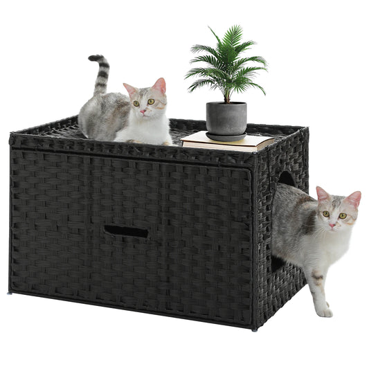 Rattan Cat Litter Box Enclosure for Living Room Handwoven Hidden Litter Box Furniture with Door Cat House Cabinet for Large Cats