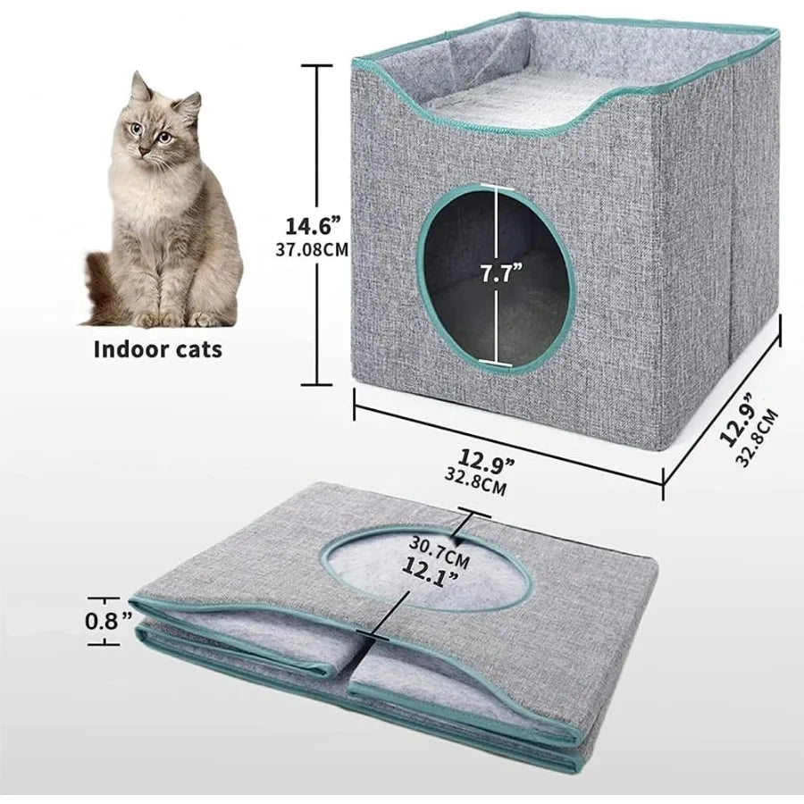 Cat Cube House Foldable Cat Condo with Reversible Cushion Scratch Pad for Small Cats Gray 13×13×15