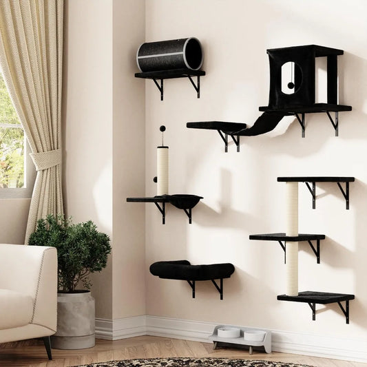 NUNU LAB 7-in-1 Wall Mounted Cat Climber Set, Cat Furniture with House, Tunnel, Bridge, Steps, Scratcher, Hammock, Shelves for I