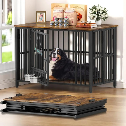 Foldable Dog Crate Furniture - No-Assembly Decorative Kennel for Large Dogs, Wooden Indoor Pet Cage