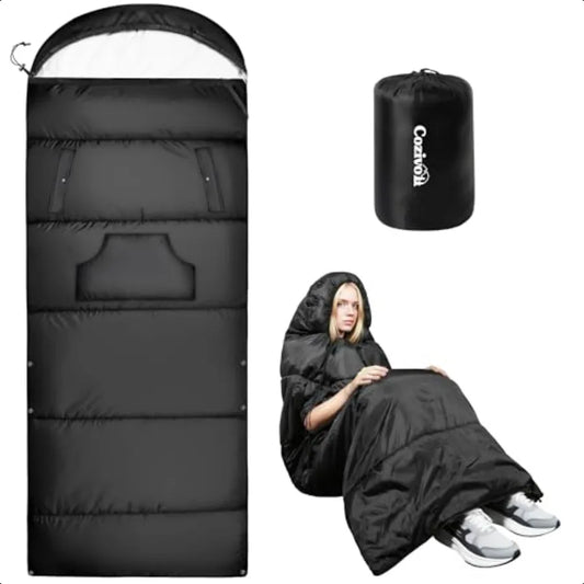 Adjustable Height Sleeping Bag for Adults Wearable 3Season Lightweight Waterproof with Arm Ports Windproof Hood Design for Camp