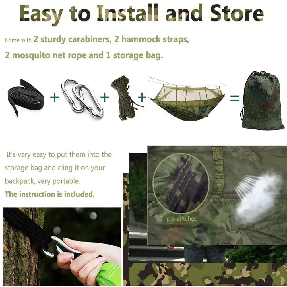 Lightweight Camping Hammock with Net 210T Nylon Single Hammock 300kg Load Capacity for Outside Hiking Backpack Travel Backyard