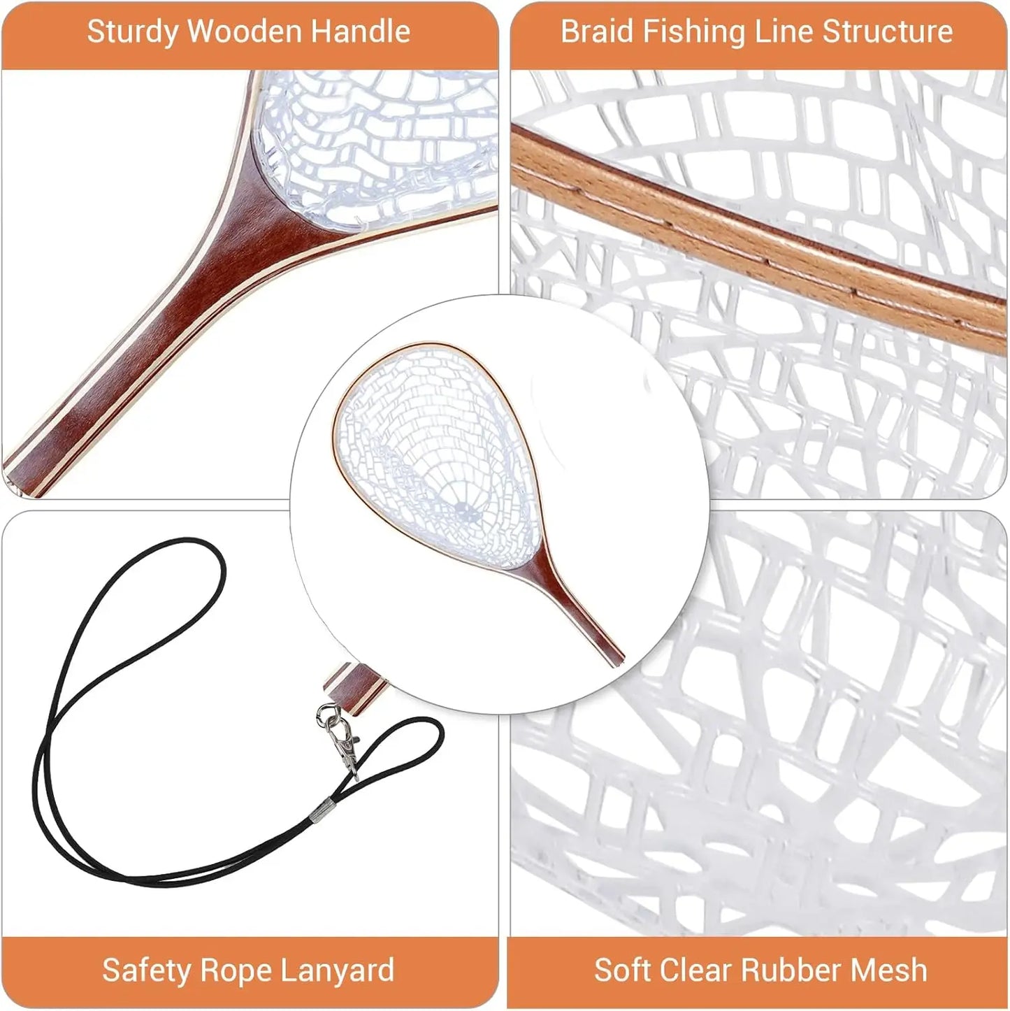 Fishing Net for Trout, Fly Fishing Net with Soft Rubber Mesh, Wooden Handle for Freshwater  Saltwater Fishing, Catch and Release