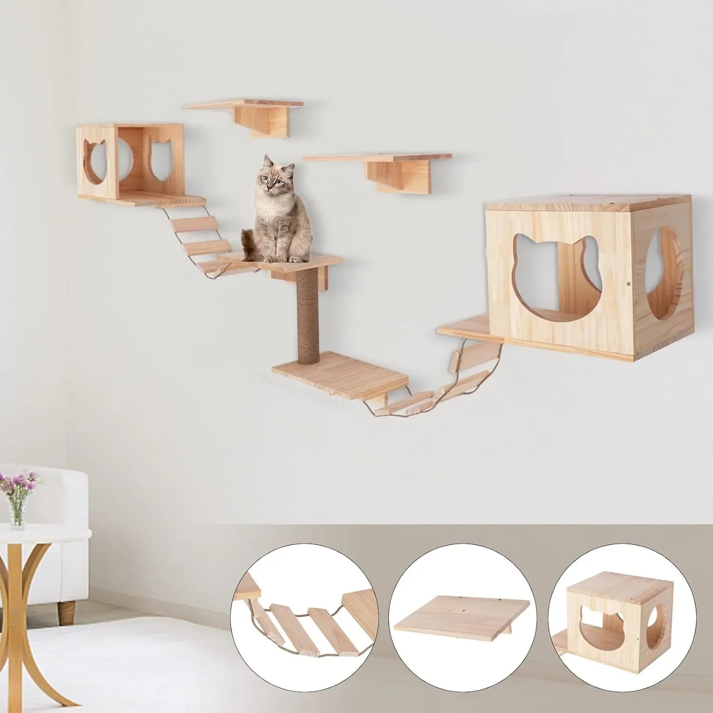 Wall-Mounted Cat Tree Climbing Furniture Set Indoor Wall Shelf Cat House Includes 2 Litters 4 Sets 2 Ladders 1 Column