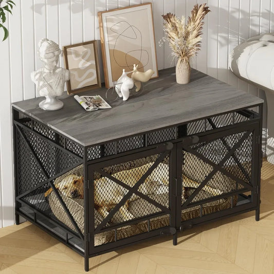 Dog Crate Furniture, Dog Kennel for Small Medium Large Breed, Heavy Duty 43" Large Corner Dog Crate, Indoor Pet Cage with Side D