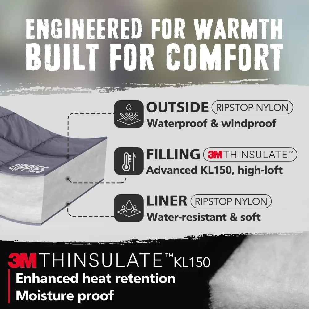 3M Thinsulate Insulation Puffy Camping Blanket for Cold Weather, Queen Size Warm Camping Quilt with Zipper, Waterproof Outdoor S