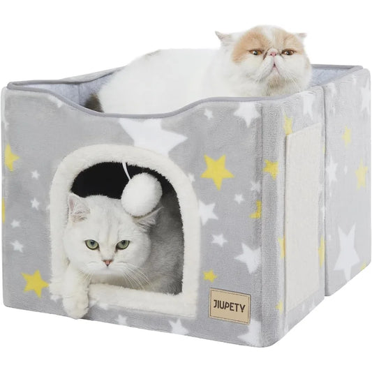 Cat Bed for 2 CatsCat Houses for Indoor Cats with Scratch Pad and Cat Ball Toy Large Cat Cave Cube for Hideaway Foldable Cat Co