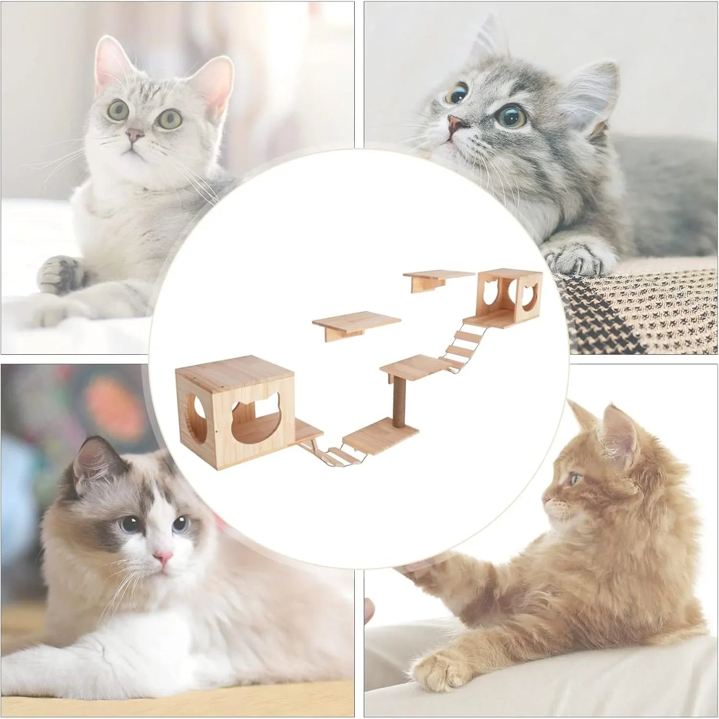 Wall-Mounted Cat Tree Climbing Furniture Set Indoor Wall Shelf Cat House Includes 2 Litters 4 Sets 2 Ladders 1 Column