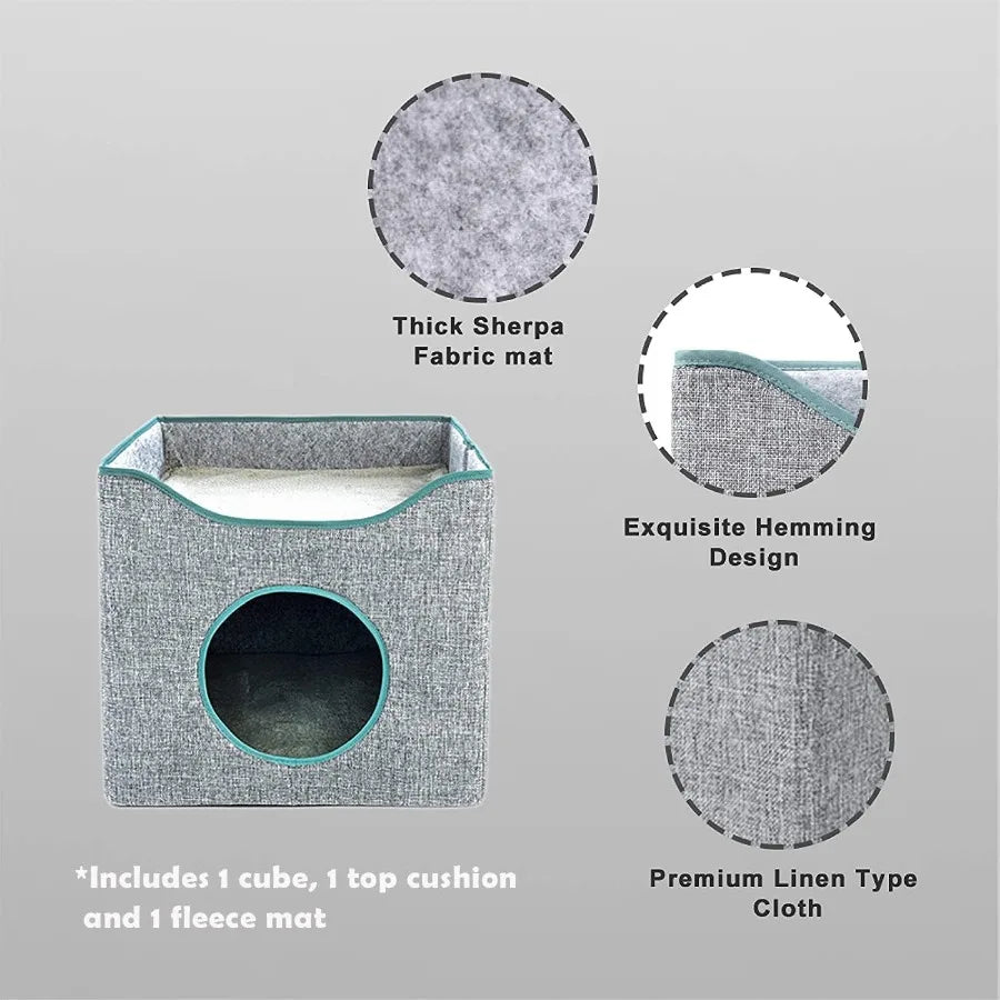 Cat Cube House Foldable Cat Condo with Reversible Cushion Scratch Pad for Small Cats Gray 13×13×15