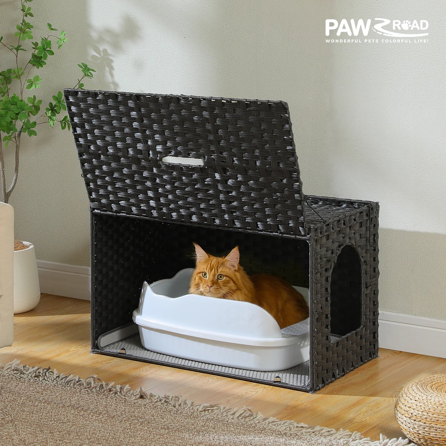 Rattan Cat Litter Box Enclosure for Living Room Handwoven Hidden Litter Box Furniture with Door Cat House Cabinet for Large Cats