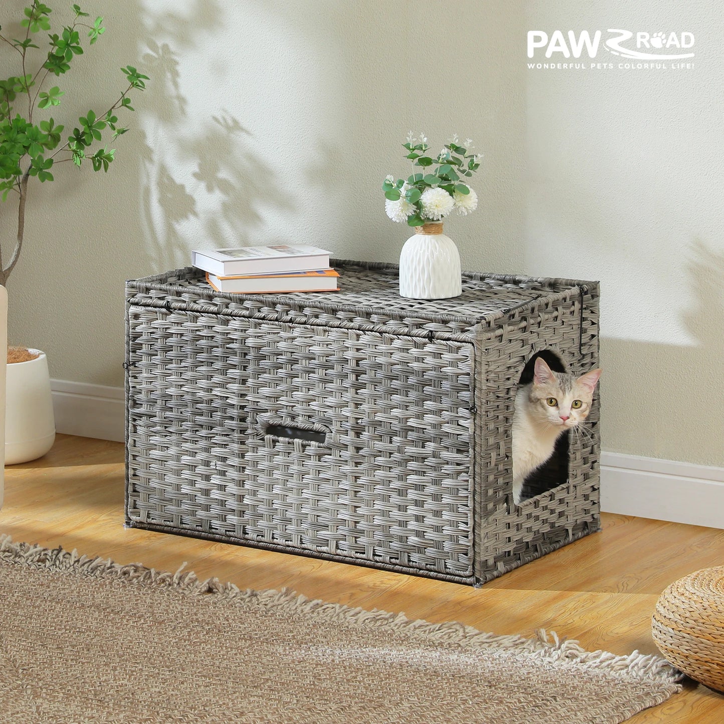Rattan Cat Litter Box Enclosure for Living Room Handwoven Hidden Litter Box Furniture with Door Cat House Cabinet for Large Cats