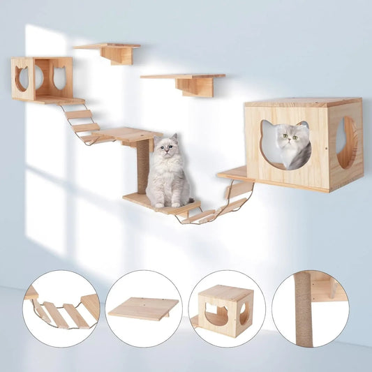Wall-Mounted Cat Tree Climbing Furniture Set Indoor Wall Shelf Cat House Includes 2 Litters 4 Sets 2 Ladders 1 Column