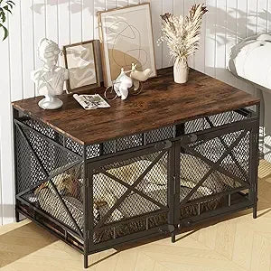Dog Crate Furniture, Dog Kennel for Small Medium Large Breed, Heavy Duty 43" Large Corner Dog Crate, Indoor Pet Cage with Side D