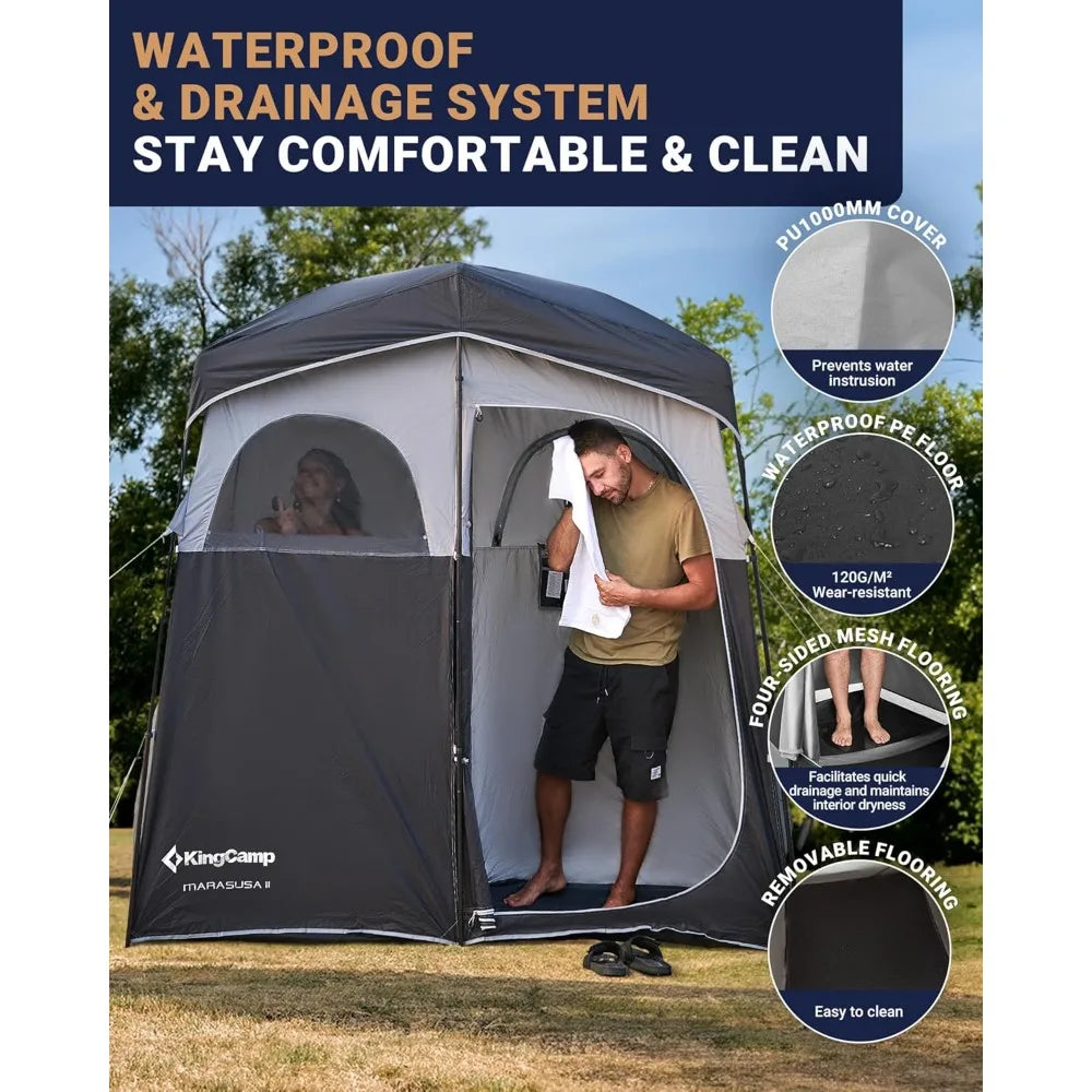 Camping Shower Tent, Portable Outdoor Privacy Toilet & Changing Tent Windproof & Waterproof Easy Setup 1 or 2 Room Shelter with